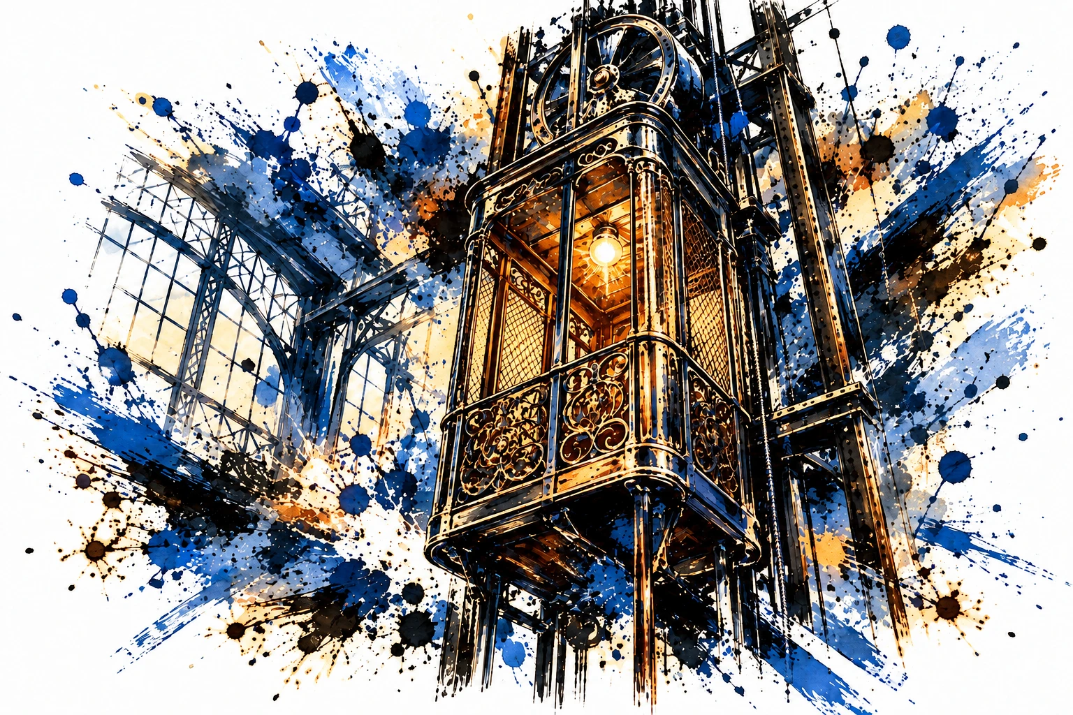 Historischer elektrischer Aufzug mit offener Metallkonstruktion und warm leuchtender Kabine – Blau-Gold-Illustration
