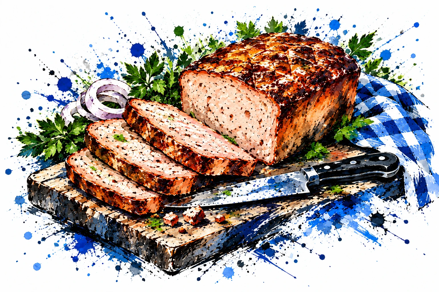 Angeschnittener Leberkäse auf einem Holzbrett mit Petersilie, Zwiebelringen und blau-weißen Farbspritzern