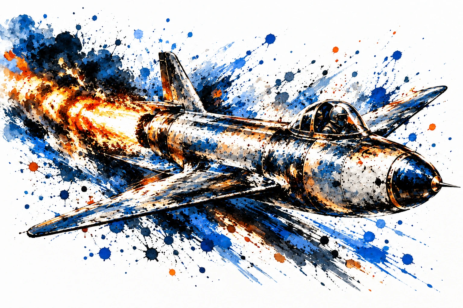 Frühes Raketenflugzeug als stilisierte Illustration mit orangefarbenem Feuerschein und blauen Tintenstrichen