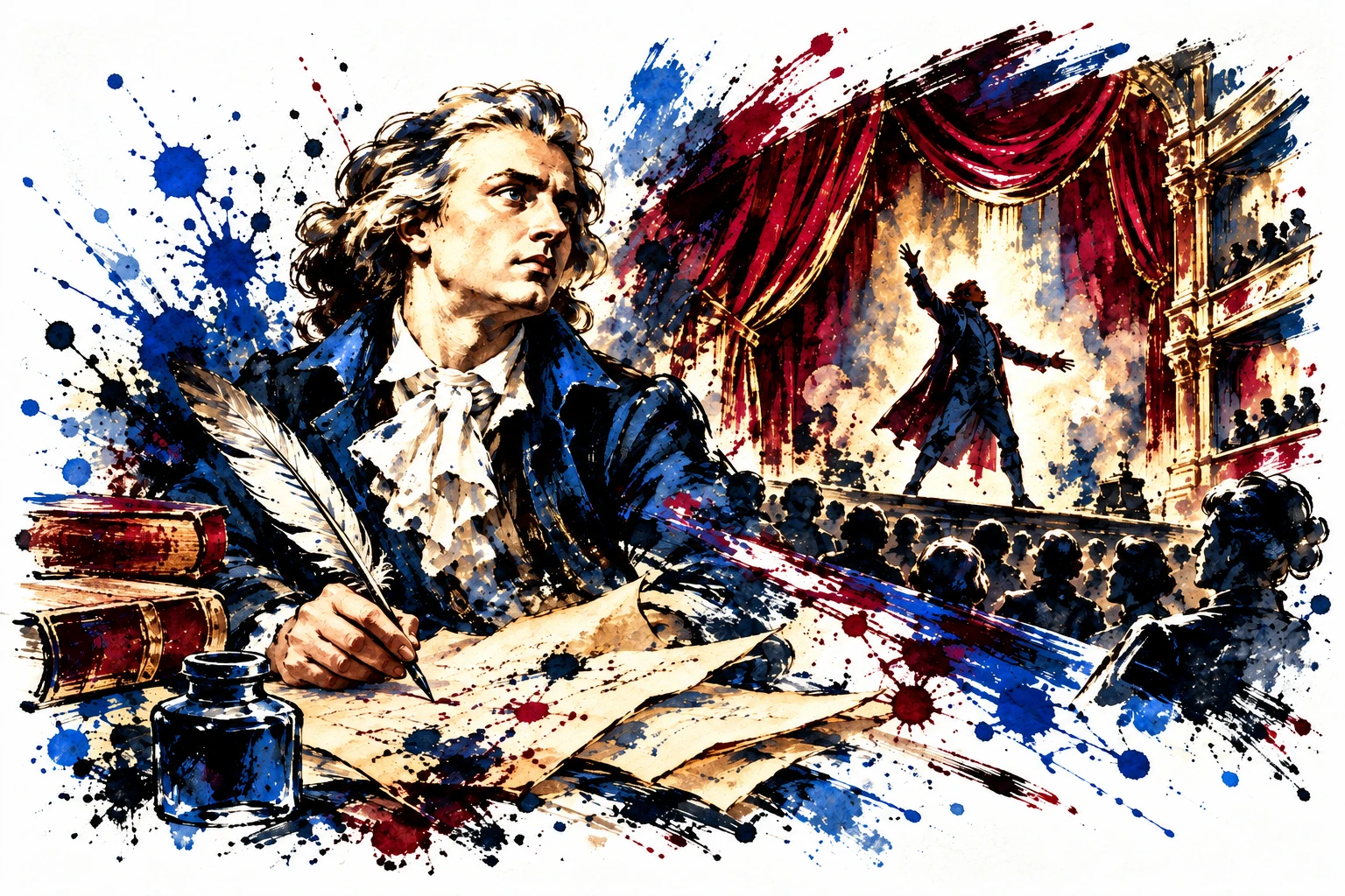 Friedrich Schiller beim Schreiben vor einer historischen Theaterbühne mit rotem Vorhang – Illustration in Blau, Schwarz und Rot