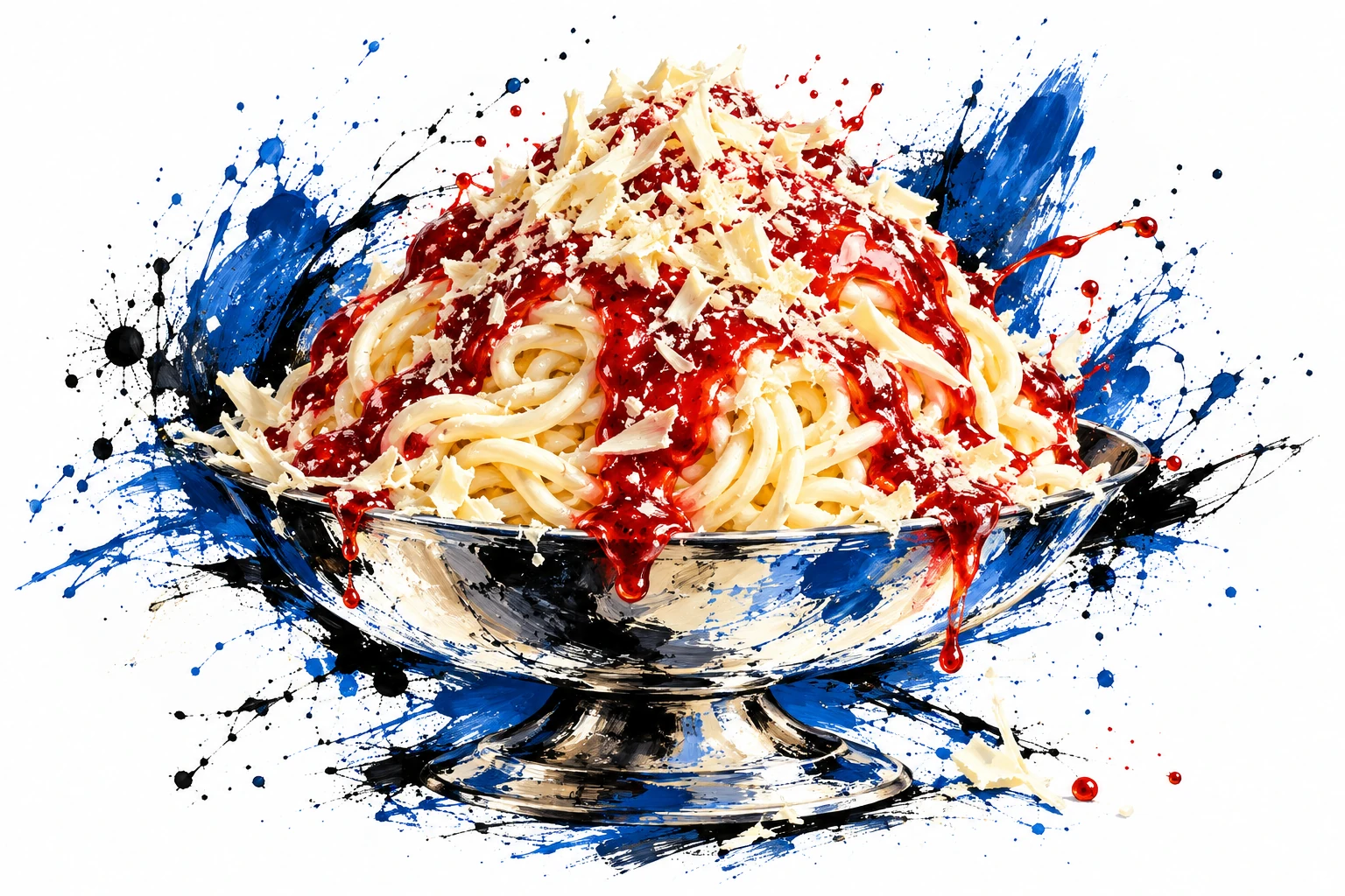 Mannheimer Spaghetti-Eis aus Vanilleeis mit roter Erdbeersoße und weißen Schokoraspeln in einer Dessertschale
