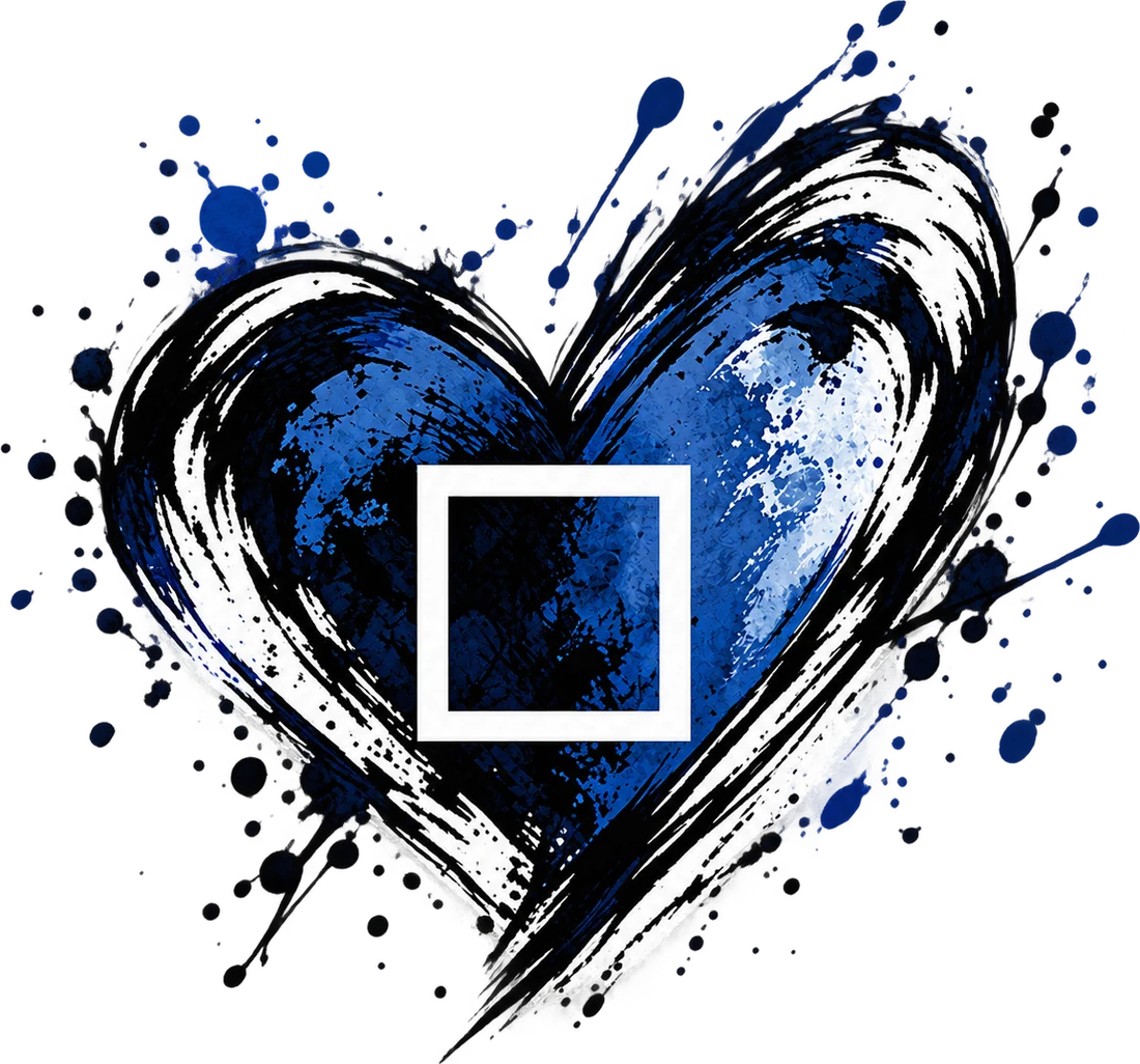 Expressives blau-weißes Pinselstrich-Herz mit einem weißen Quadrat in der Mitte